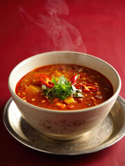 A bowl of steaming hot soup with vegetables and chili peppers on a silver plate against red background