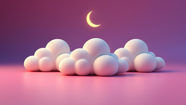 A whimsical 3d rendering of fluffy white clouds floating beneath a crescent moon against a dreamy pink and purple gradient background - Powered by Adobe