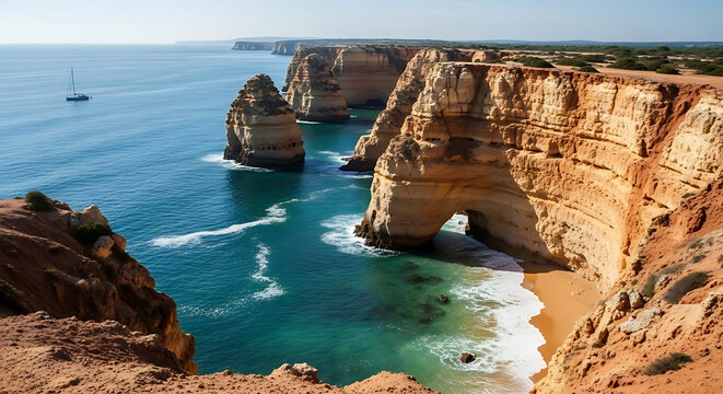 Aerial view of marinha beach with sandstone cliffs and a boat sailing on the turquoise sea water ai generated