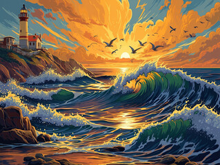 Vibrant Sunset Over Roaring Ocean Waves Splashing Beside Lighthouse and Rocky Coastline at Sea and flying seagulls in sky

