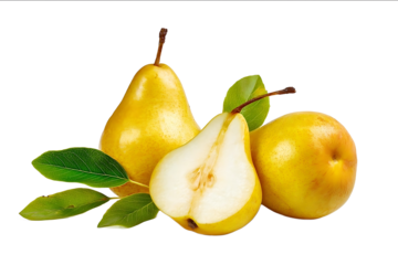 Fruit two whole and one sliced yellow pear isolated on a white background with a clipping path Asian pears or nashi Asian pear fruits In the style of Chinese