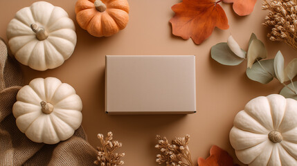 Autumn flat lay with blank cardboard box surrounded by white and orange pumpkins, fall leaves, and dried florals on warm beige background
