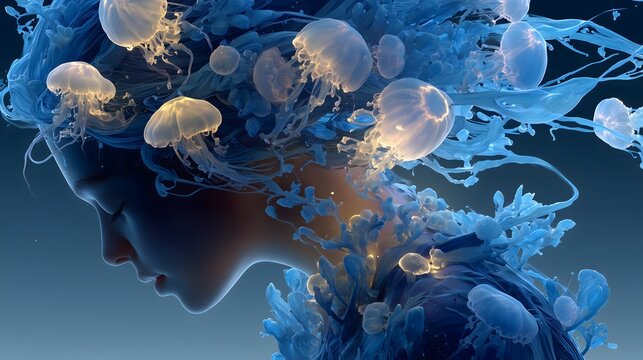  Ethereal glass woman filled with glowing jellyfish in a surreal setting.