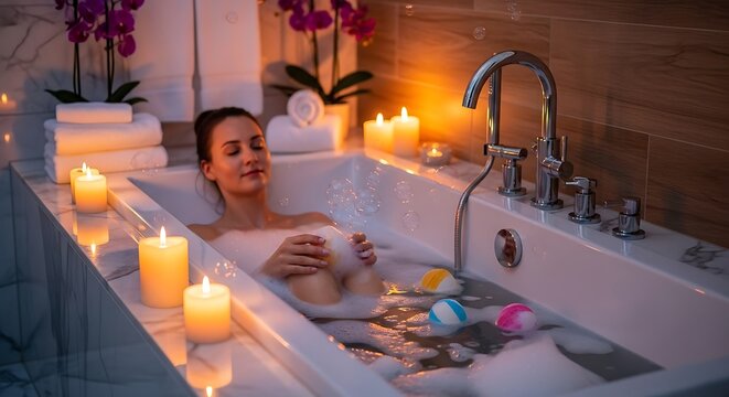 Relaxing bubble bath with candles and drink.