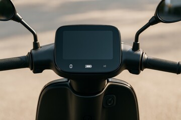Close-up of modern electric scooter dashboard with digital display and handlebars on soft light asphalt background, futuristic transport concept. Ai generative