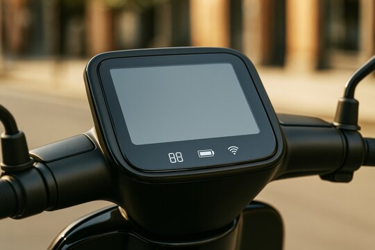 Blank electric scooter dashboard mockup display with clean interface and modern design on urban background for branding and presentation use. Ai generative