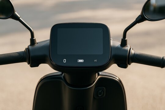 Close-up of modern electric scooter dashboard with digital display and handlebars on soft light asphalt background, futuristic transport concept. Ai generative