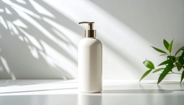 Sleek Shampoo Bottle on White Surface with Soft Shadows