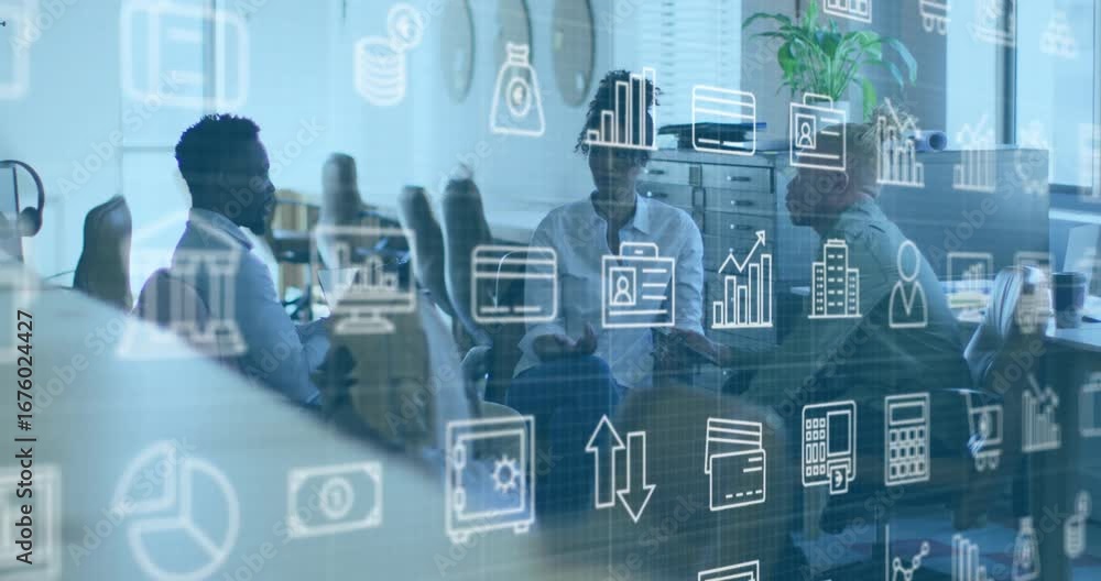 Poster host pointing at laptop screen amid animating finance data icons and driving team note-taking