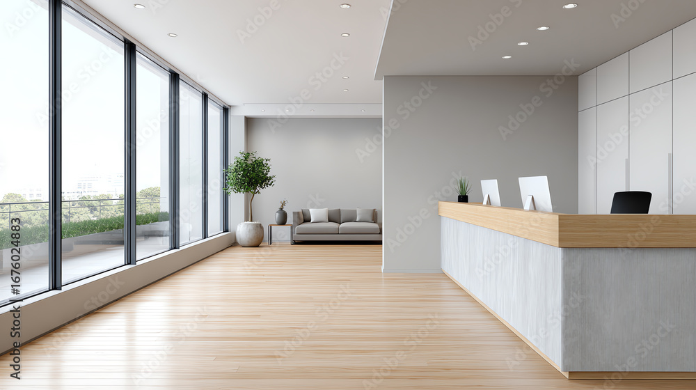 Poster modern office reception area with sleek design and natural light, creating a welcoming environment f