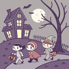 Halloween Poster. Trick Or Treaters. Halloween kids costume. Holiday horror costumes. Cute children in monster outfits.vector illustration of coloring page black and white