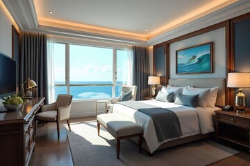 Fototapeta premium Luxurious nautical-themed hotel suite with ocean view, featuring nautical decor, plush furnishings, and large windows overlooking the sea Perfect for travel, vacation, and relaxation , anchor, decor