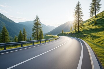 Naklejka premium Serene mountain highway with sunrise light and green hills conveying peaceful travel concept and natural inspiration background scene.