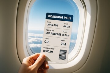 Hand holding a boarding pass mockup in front of airplane window showing sky and clouds during flight for travel branding presentation concept. Ai generative