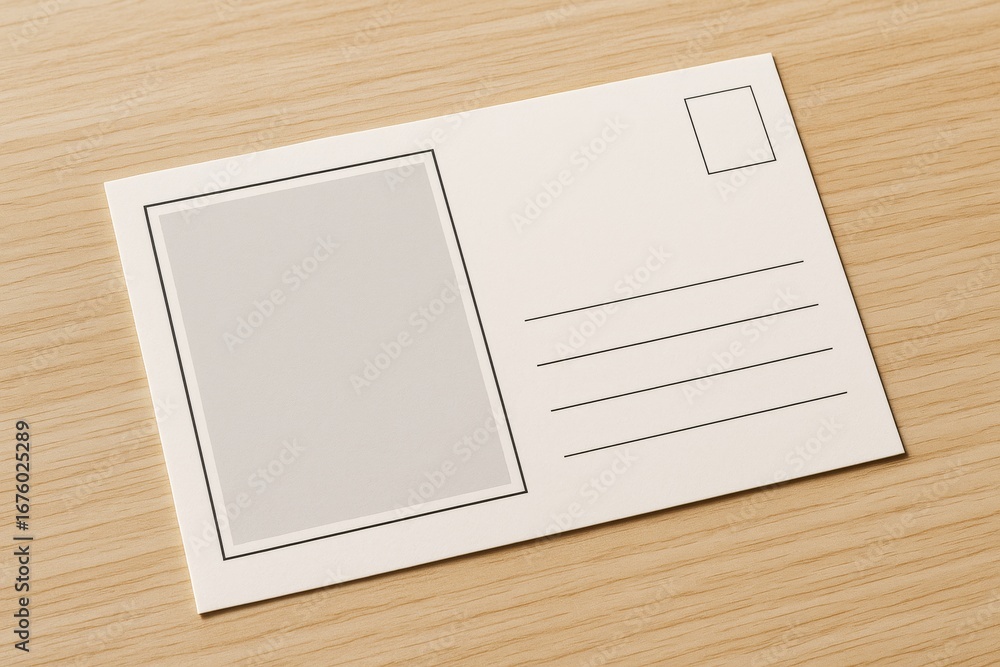 Aufkleber blank postcard mockup with empty photo frame and address lines placed on light wooden surface for br