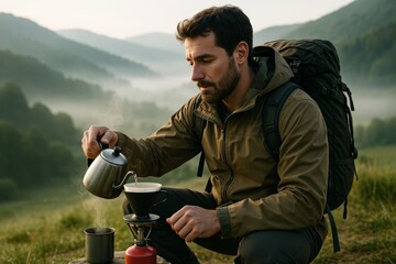 Man brewing coffee outdoors in misty mountain nature during sunrise with soft light, wearing backpack and jacket, enjoying peaceful morning moment. Ai generative