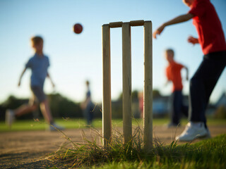 Children playing cricket in a sunny park with a wicket in the foreground and a ball in the air