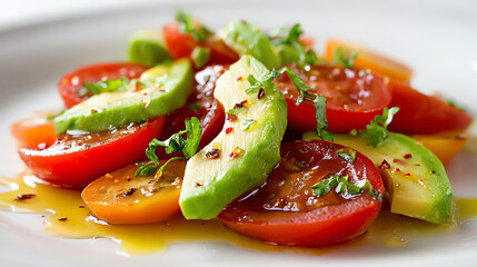 Vibrant salad featuring ripe tomatoes and fresh avocado drizzled with olive oil and garnished with herbs.