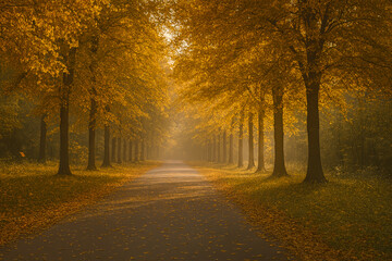 Obraz premium Straight forest path covered in golden autumn leaves with morning light filtering through trees 