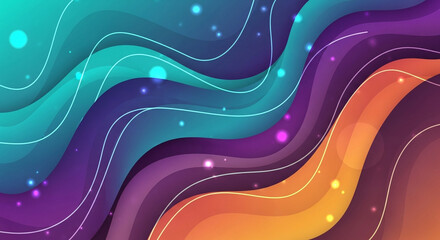 Abstract background of flowing shapes in teal, purple, orange, and yellow, with glowing orbs. Part of a group of images, likely for stock use.