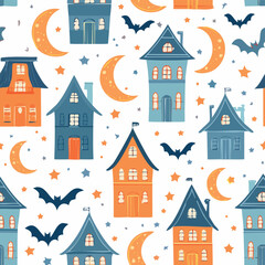 Fototapeta premium Seamless Halloween pattern with haunted houses, bats, and moons