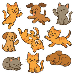 Fototapeta premium A vibrant celebration of furry fun—perfect for kids, families, and pet lovers. Cartoon dogs and cats in fun playful poses, vector illustration style, flat colors, clean outlines, seamless background