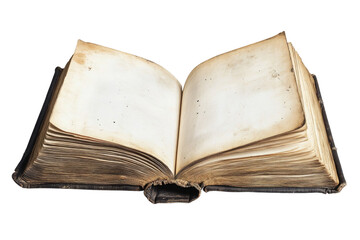 Antique open book with aged pages isolated on transparent background