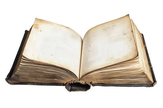 Antique open book with aged pages isolated on transparent background