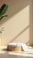 Fototapeta premium Minimalist wooden podium with draped white fabric, bathed in soft sunlight and shadows, creating a serene and elegant display for product presentation or interior design