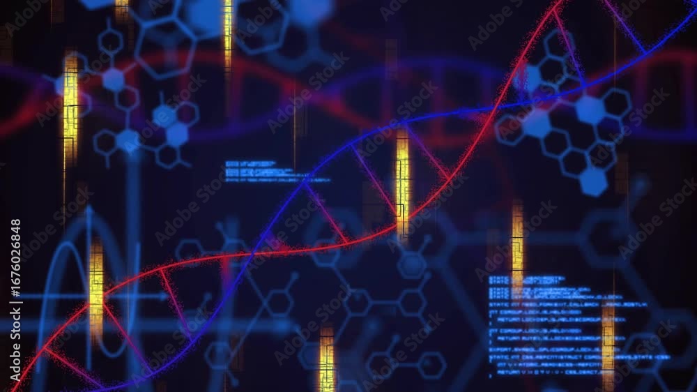 Poster opening red double helix curving in triggers gold bars and code animating to visualize biotech data