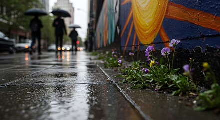Sidewalk flowers bloom near a mural as people with umbrellas walk on a rainy city street scene