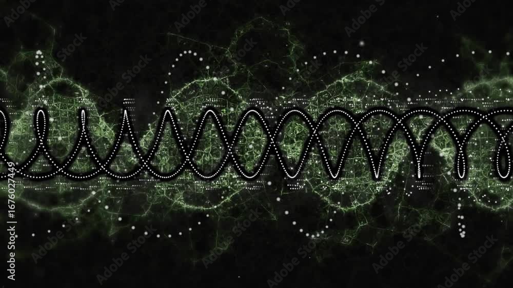 Poster white dotted sine wave oscillating across void starting green network nodes pulsing showing data