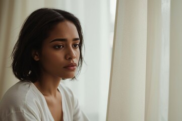 Sad woman gazing window, curtains, home, pensive
