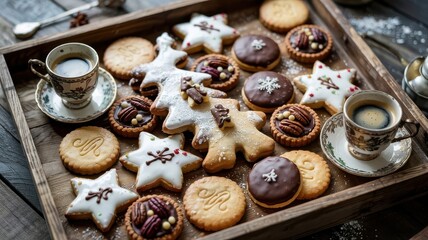 Fototapeta premium Cookie assortment holiday display on wooden tray featuring decorated star cookies, chocolate-glazed treats, pecan tarts with powdered sugar dusting and coffee cups