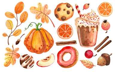 A cozy collection of watercolors inspired by fall flavors and pumpkin spice season. Illustrations isolated on white background. Suitable for seasonal designs, invitations, cafe menus, fall decor