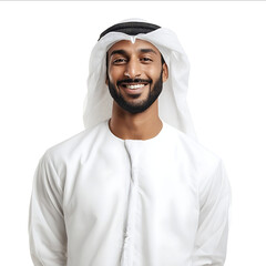 Portrait of a handsome smiling Emirati man wearing a white kandura standing and isolated on a clear white background