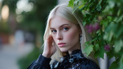 Naklejka premium Young caucasian female with blonde hair in outdoor nature setting.