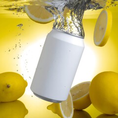 White Soda Can Splashing into Water with Lemon Slices on Yellow Background