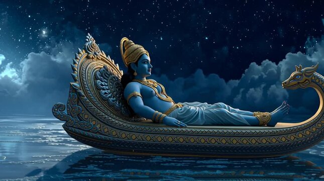 Cinematic portrait of Lord Vishnu reclining on the cosmic serpent Shesha in the milky ocean, with Goddess Lakshmi at his feet, serene and celestial scene.
