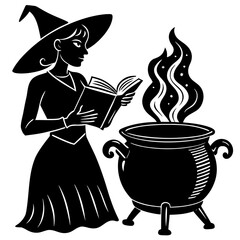 Black Witch with Spooky Pumpkin and Magic Broom – Halloween Vector Illustration