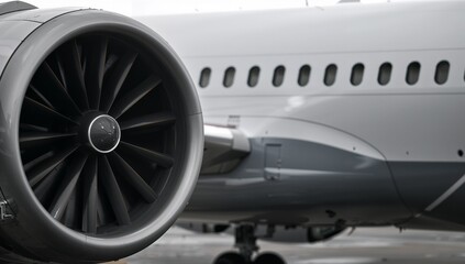 Detailed close up of the modern jet engine attached to a passenger aircraft upon the tarmac, captured within soft daylight featuring a clear view of fuselage windows and metallic surfaces