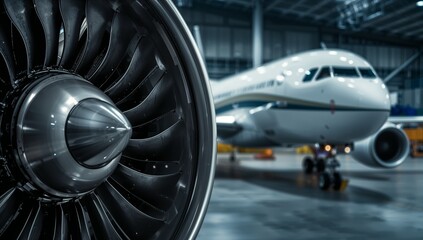 Detailed close up of the modern jet engine turbine featuring a passenger airplane within the background inside a brightly lit aircraft hangar, highlighting engineering and aviation technology