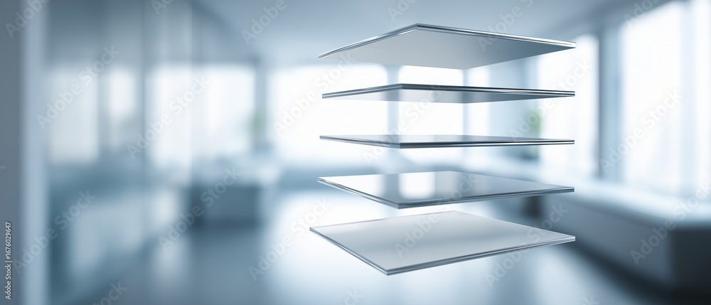 Poster floating stack of translucent glass panels modern office background clean lines minimalistic style f