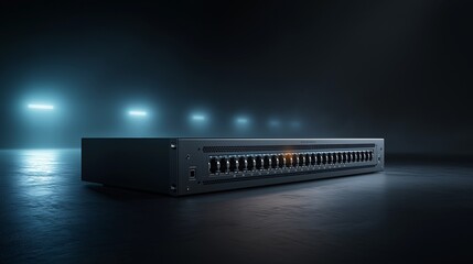 High end matte black enterprise network switch illuminated port modern technology data center sleek design professional glowing futuristic horizontal equipment
