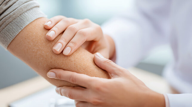 Doctor examines patient s arm for pain or injury