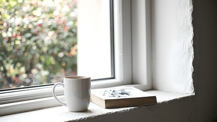 White Coffee Mug and Book on Window Sill with Natural Light