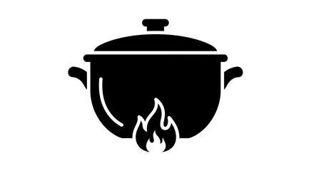 A solid black glyph icon of a cooking pot with a lid heating over an open flame.
