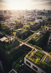 Fototapeta premium Urban greenery thrives in rooftop gardens across a modern city at sunset