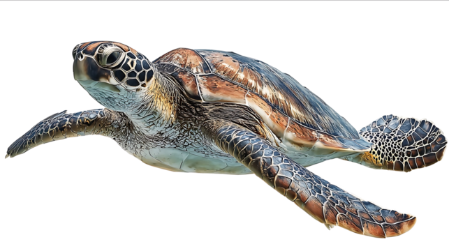 Sea turtle swimming isolated on a white background with a clipping path Fullbody portrait of a sea turtle floating in the air Photorealistic highresolution i