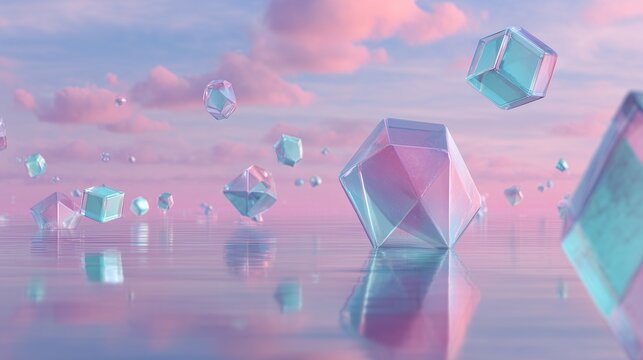 Surreal environment with glass like polyhedrons floating above reflective water, pastel pink and blue sky, dreamy atmosphere, futuristic and tranquil mood
